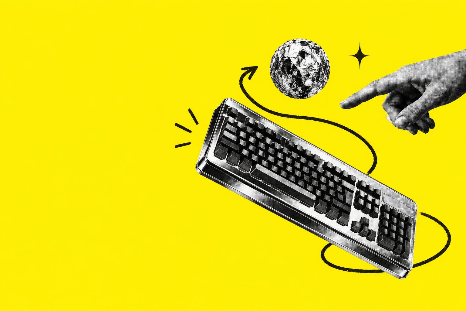 Playful monochrome keyboard and pointing hand collage on yellow